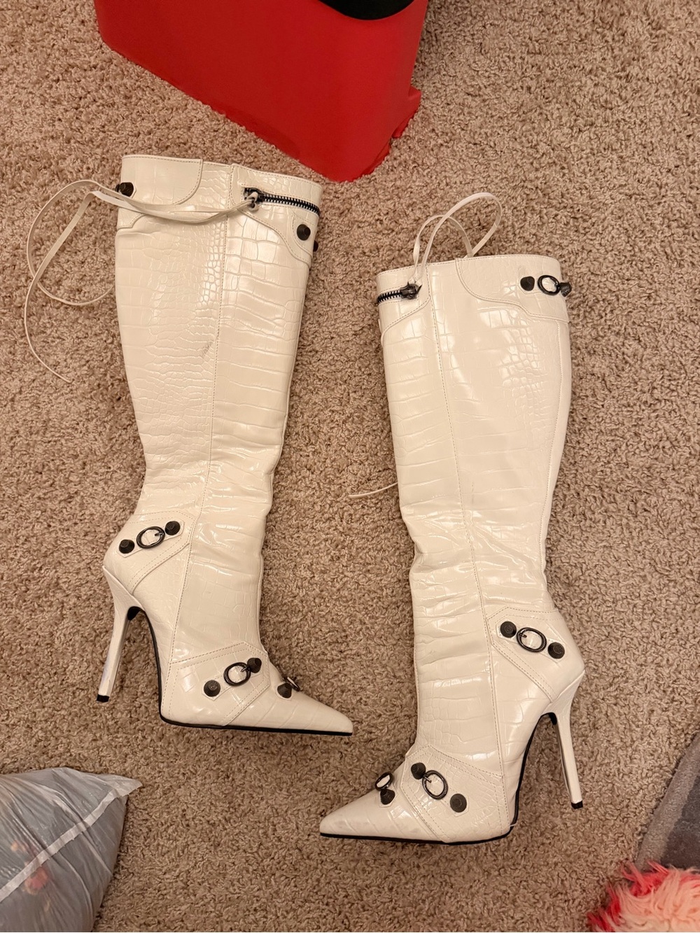 Fashion Nova White Croc-Embossed Pointed Toe Stiletto Knee-High Boots